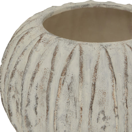 Close-up of Hill Interiors Rounded Ceramic Fin Vase in white, showing the wide opening and vertical fin-like ridges across the distressed ceramic body.