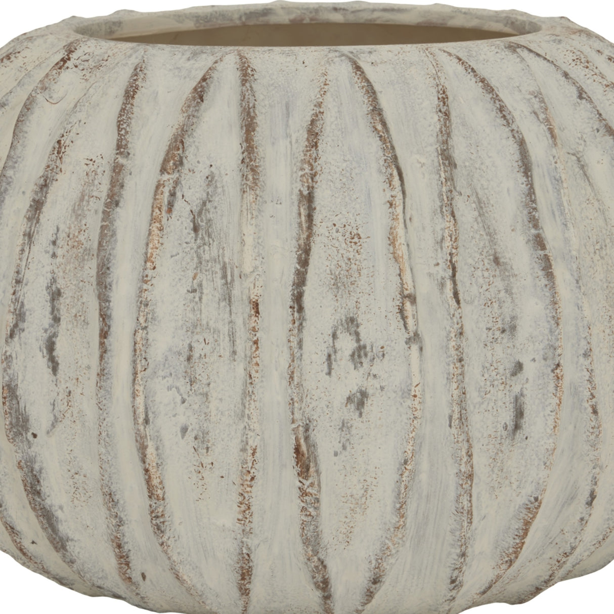 Hill Interiors Rounded Ceramic Fin Vase in white with raised fin-like ridges and a distressed weathered finish, shown in close-up detail.