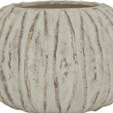 Hill Interiors Rounded Ceramic Fin Vase in white with raised fin-like ridges and a distressed weathered finish, shown in close-up detail.