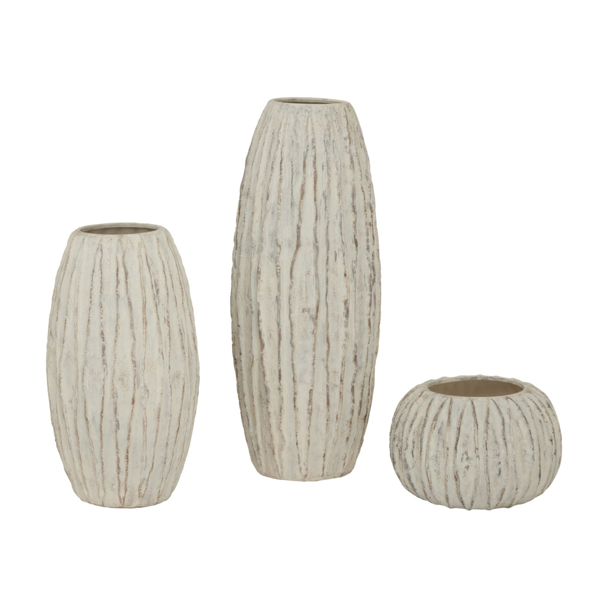 Hill Interiors Rounded Ceramic Fin Vase trio in white with fin-like ridges, showing tall, medium and low rounded shapes on a plain background.