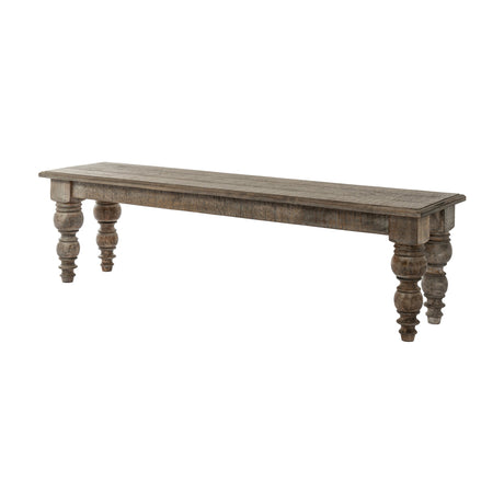 Hill Interiors Rectangular Wooden Bench in brown, solid timber with plank seat and four turned baluster legs, shown against a plain white background.