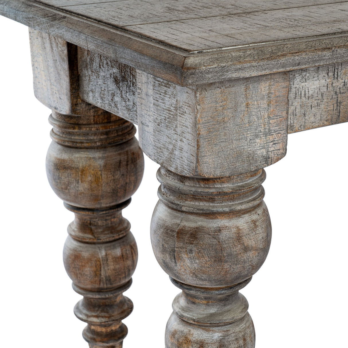 Close-up of Hill Interiors Rectangular Wooden Bench in brown, showing the timber apron and turned bulbous legs with a distressed grey-brown finish.