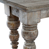 Close-up of Hill Interiors Rectangular Wooden Bench in brown, showing the timber apron and turned bulbous legs with a distressed grey-brown finish.