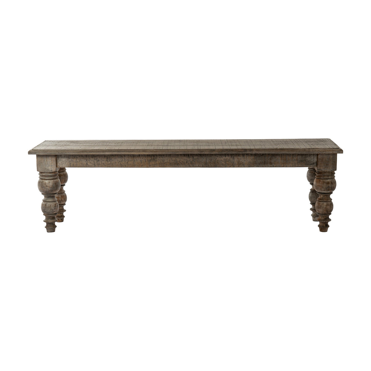Hill Interiors Rectangular Wooden Bench in brown solid timber with turned baluster legs and a rustic plank seat, shown on a plain white background.