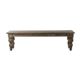 Hill Interiors Rectangular Wooden Bench in brown solid timber with turned baluster legs and a rustic plank seat, shown on a plain white background.