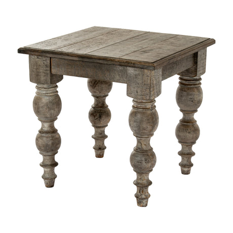 Hill Interiors Wooden Square Side Table 60cm in brown with a planked top and four ornate turned baluster legs, shown on a plain white background.