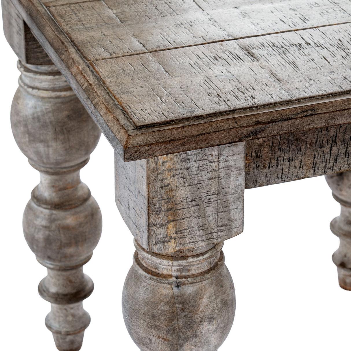 Close-up of the Hill Interiors Wooden Square Side Table in brown, showing the plank top, chunky turned legs, and distressed grain finish.