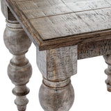 Close-up of the Hill Interiors Wooden Square Side Table in brown, showing the plank top, chunky turned legs, and distressed grain finish.