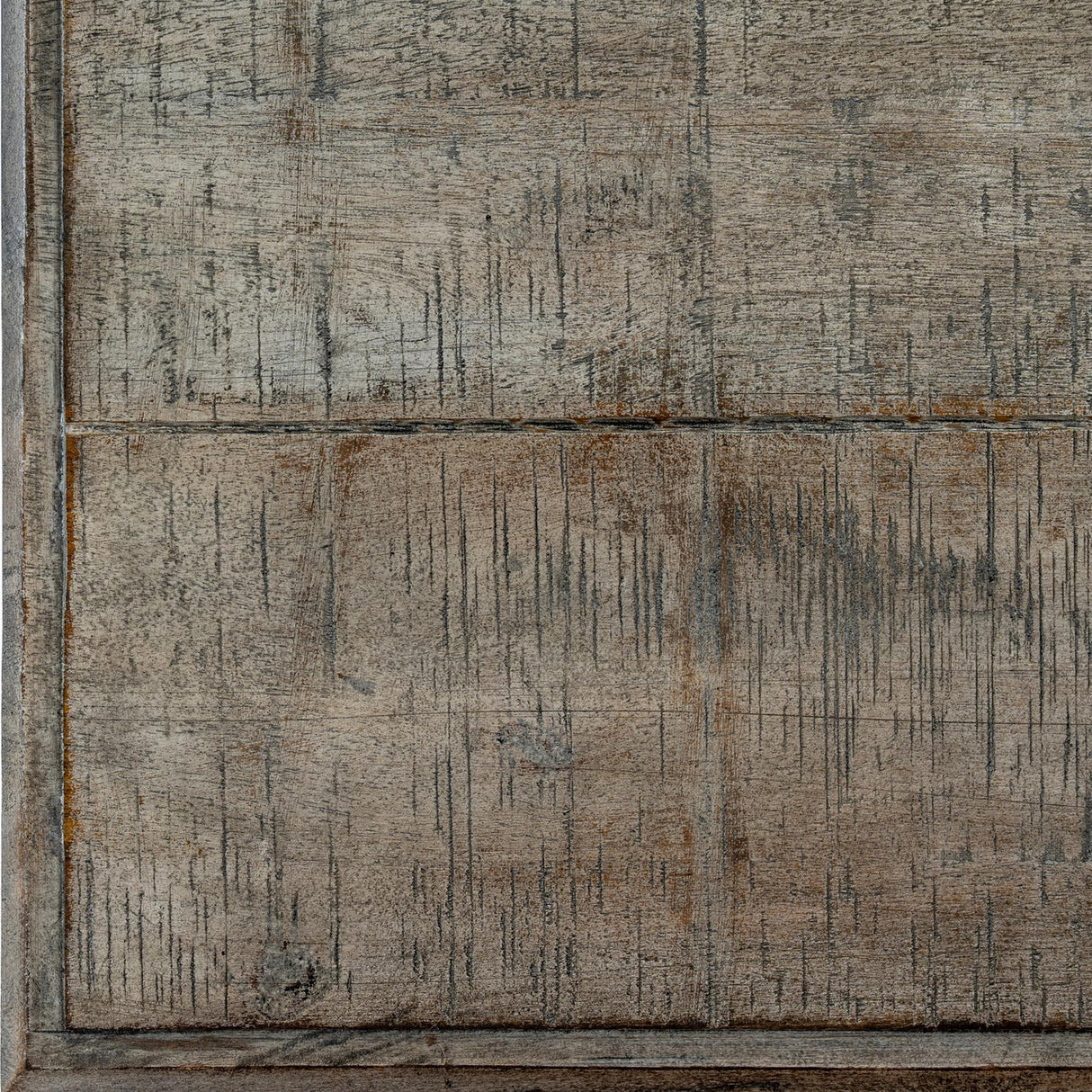 Close-up of Hill Interiors Wooden Square Side Table in brown, showing distressed wood grain, visible saw marks and panelled construction.