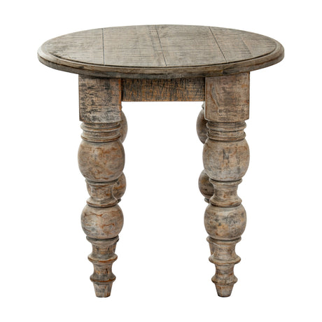 Hill Interiors Wooden Round Side Table in brown with a circular plank top and four turned baluster legs, shown on a plain white background.