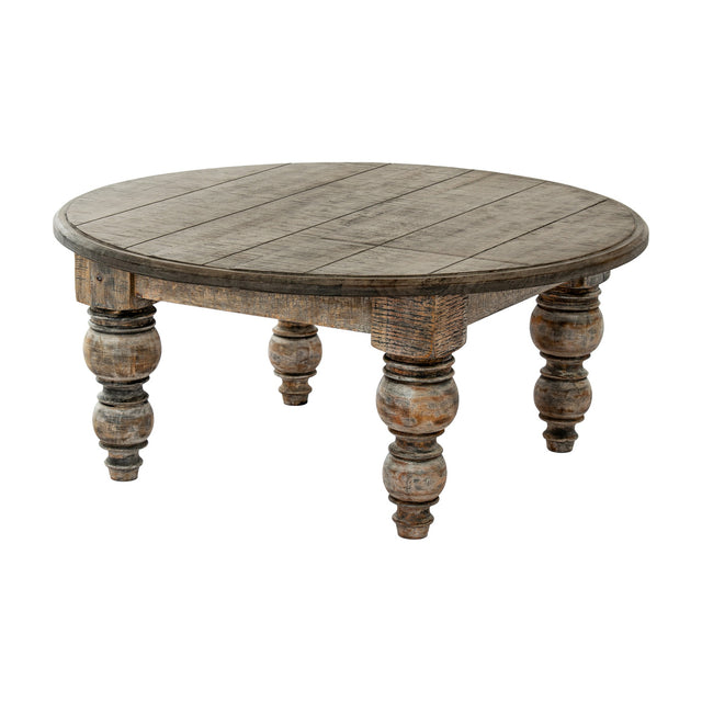 Hill Interiors round wooden coffee table in brown with a planked circular top and six turned baluster legs, shown on a plain white background.