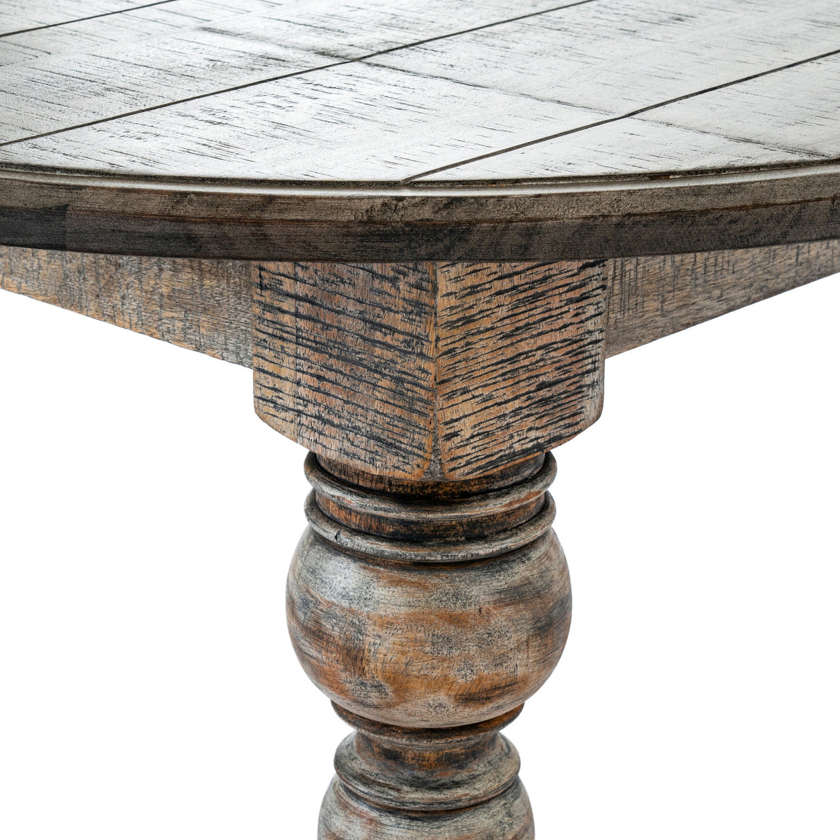 Close-up of Hill Interiors Round Wooden Coffee Table in brown, showing planked circular top, apron edge and turned baluster leg with distressed grain finish.