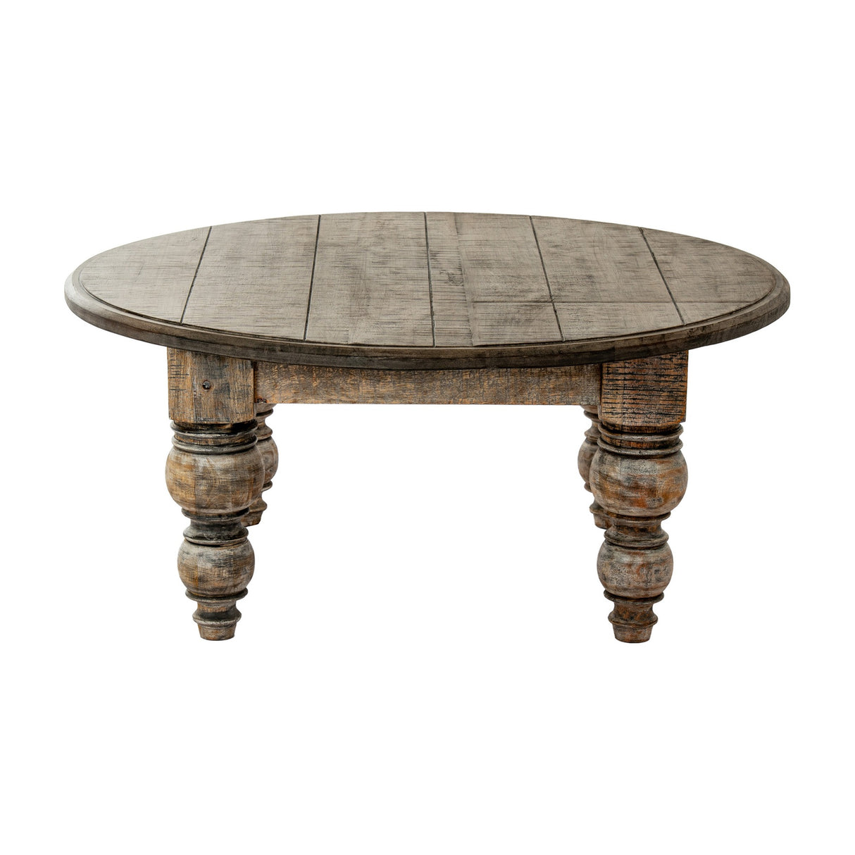 Hill Interiors round wooden coffee table in brown with a planked circular top and four turned baluster legs, shown against a plain white background.