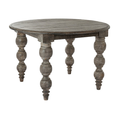 Hill Interiors Round Wooden Dining Table in brown with a circular grained top and four ornate turned baluster legs, on a plain white background.