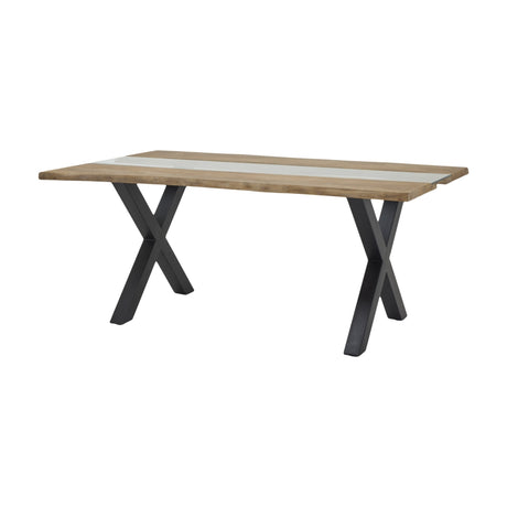 Hill Interiors Live Edge Acacia River dining table with honeyed wood top, central inlay and black metal X-shaped legs on a white background.