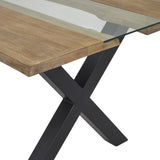 Close-up of Hill Interiors Live Edge Acacia River dining table showing the honeyed wood top with glass river inlay and tapered black metal X-leg.