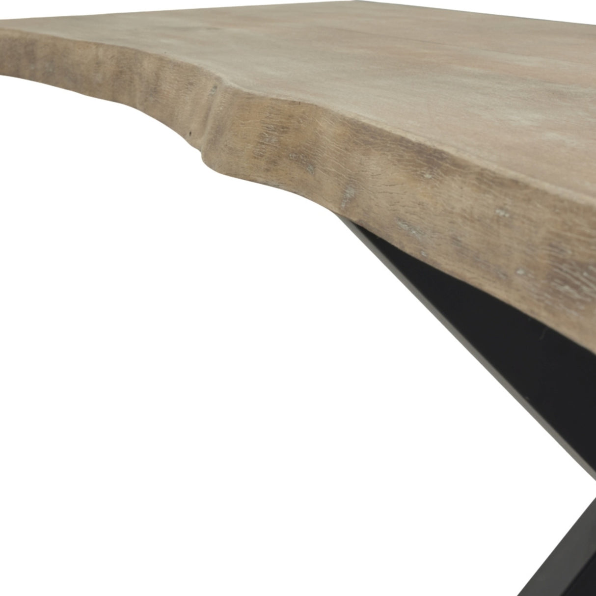 Close-up of Hill Interiors Live Edge Acacia River dining table showing the light acacia top with natural contoured edge and black metal leg.