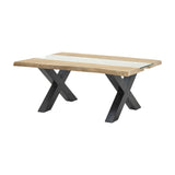 Hill Interiors Live Edge Acacia River coffee table with solid brown wood top, clear glass river inlay and black metal X-shaped base on white.
