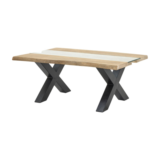 Hill Interiors Live Edge Acacia River coffee table with solid brown wood top, clear glass river inlay and black metal X-shaped base on white.