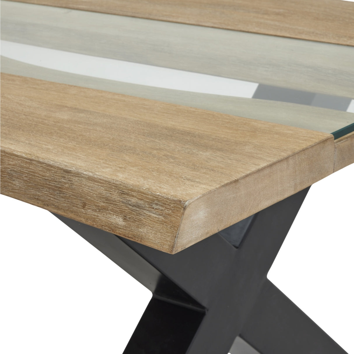 Close-up of Hill Interiors Live Edge Acacia River coffee table showing the brown wood edge, glass river inlay and black metal X-shaped base.
