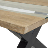 Close-up of Hill Interiors Live Edge Acacia River coffee table showing the brown wood edge, glass river inlay and black metal X-shaped base.