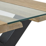 Close-up of Hill Interiors Live Edge Acacia River Coffee Table showing the glass river inlay, light brown wood edge and matte black metal base.