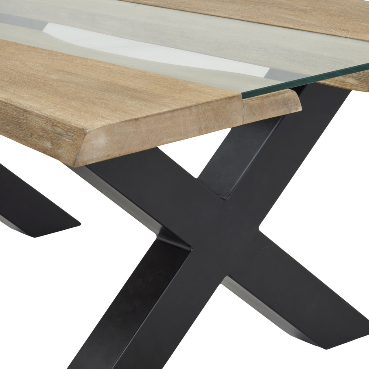 Close-up of Hill Interiors Live Edge Acacia River coffee table showing the brown wood edge, glass inset top and black powder-coated X-shaped metal base.