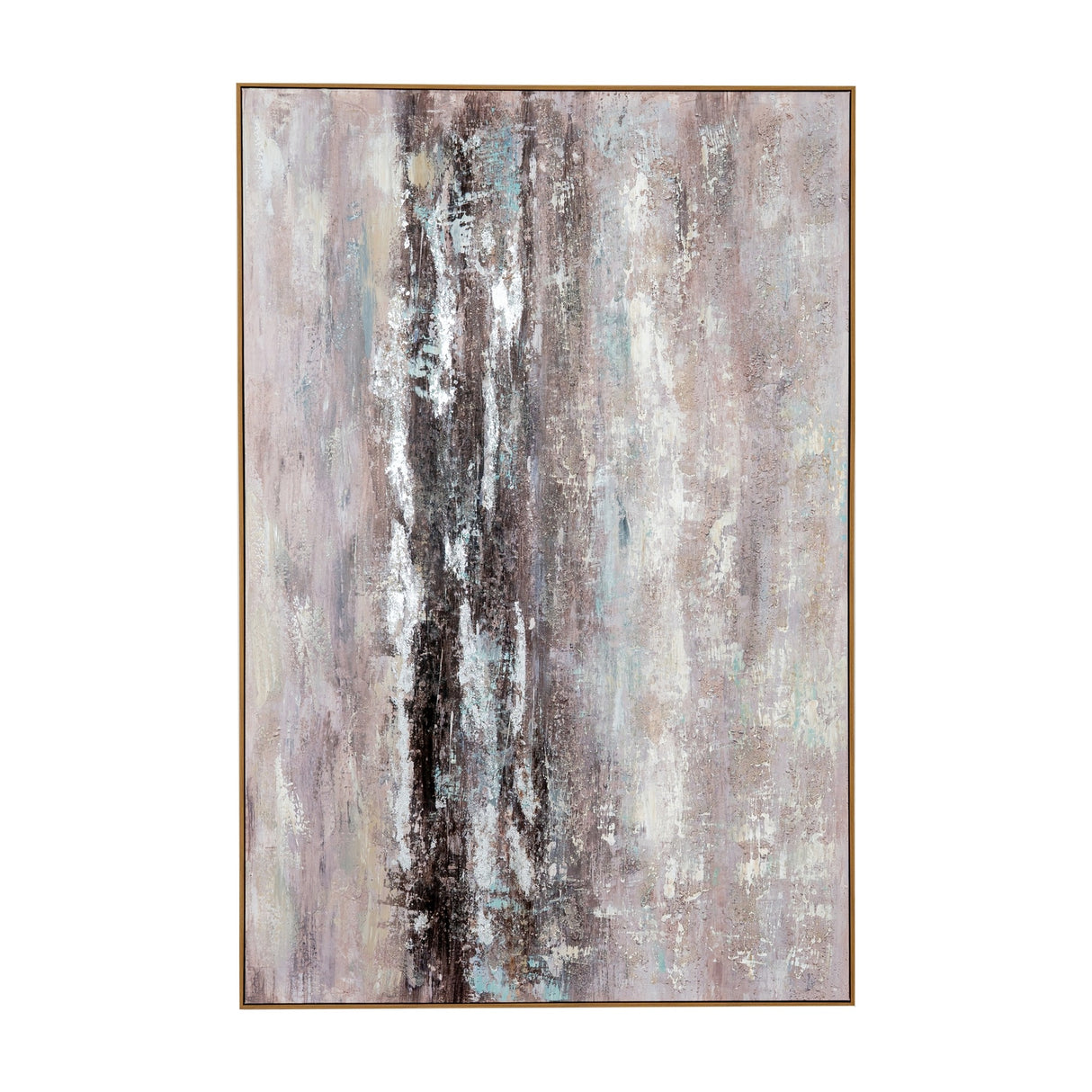 Hill Interiors hand painted canvas wall art in a slim wooden frame, showing textured brown, cream and soft blue brushstrokes in portrait format.