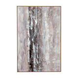 Hill Interiors hand painted canvas wall art in a slim wooden frame, showing textured brown, cream and soft blue brushstrokes in portrait format.