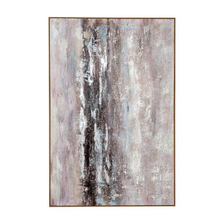 Hill Interiors hand painted canvas wall art in a slim wooden frame, showing textured brown, cream and soft blue brushstrokes in portrait format.