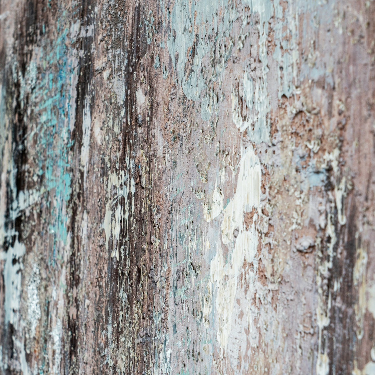 Close-up of Hill Interiors Hand Painted Canvas Wall Art showing textured brush strokes in layered brown, cream and soft teal tones.