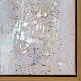 Close-up of Hill Interiors hand painted canvas wall art corner showing textured brown tones, cream paint drips and slim wooden frame edge.