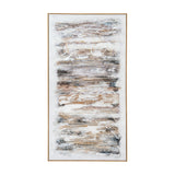 Hill Interiors hand painted canvas wall art in a slim wooden frame, featuring abstract horizontal brushstrokes in brown, cream and grey earthy tones.