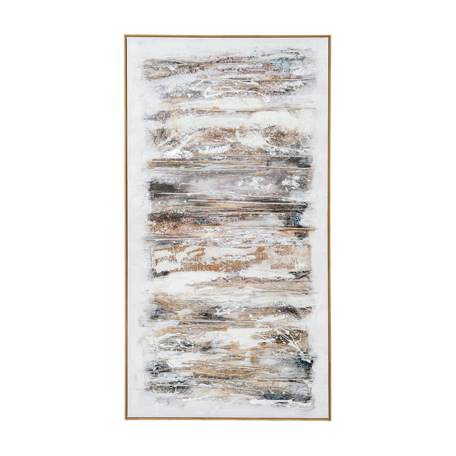 Hill Interiors hand painted canvas wall art in a slim wooden frame, featuring abstract horizontal brushstrokes in brown, cream and grey earthy tones.