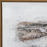 Close-up corner detail of Hill Interiors hand painted canvas wall art showing brown and cream brushed tones with textured layering, set in a slim wooden frame.