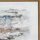 Close-up of Hill Interiors hand painted canvas wall art showing textured brown, cream and silver brushwork within a slim wooden frame corner.