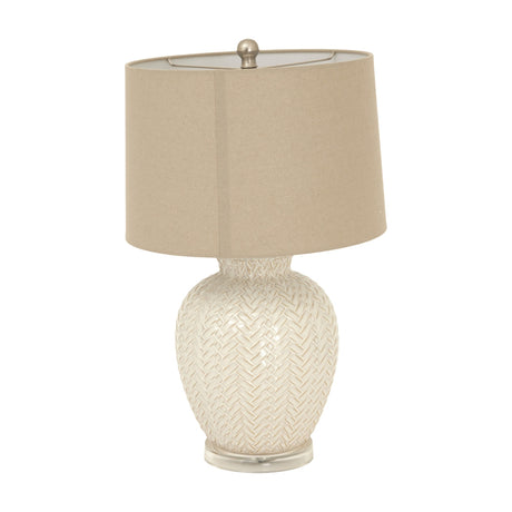 Hill Interiors Twill Weave ceramic table lamp in white with textured basket-weave base and natural linen drum shade, shown on a plain background.