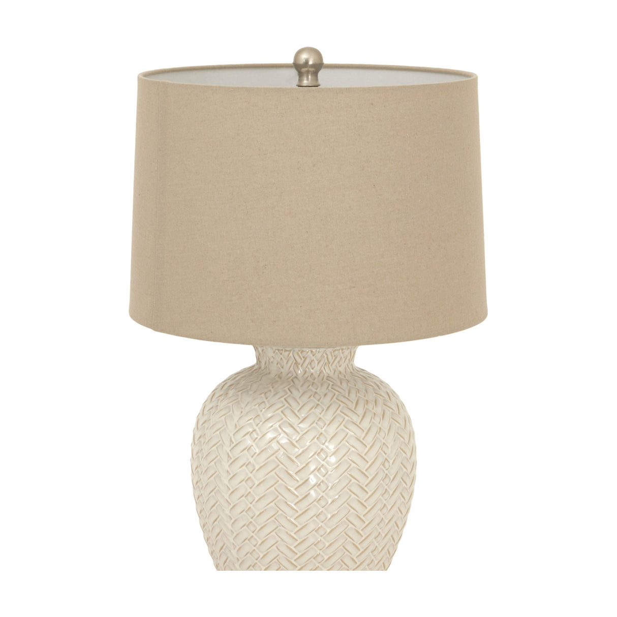 Hill Interiors Twill Weave ceramic table lamp in white with a woven-textured base and natural linen drum shade on a plain background.