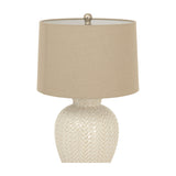 Hill Interiors Twill Weave ceramic table lamp in white with a woven-textured base and natural linen drum shade on a plain background.