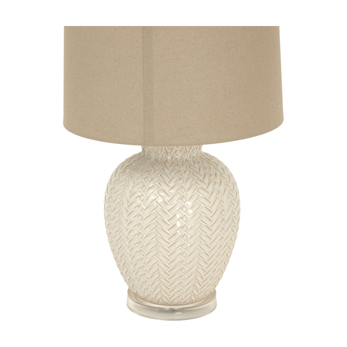 Hill Interiors Twill Weave ceramic table lamp in white with textured woven base and natural linen drum shade, shown on a plain background.
