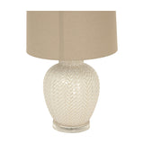 Hill Interiors Twill Weave ceramic table lamp in white with textured woven base and natural linen drum shade, shown on a plain background.