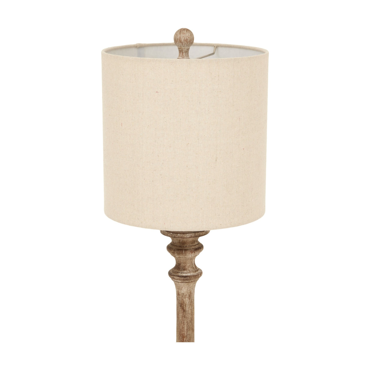Hill Interiors candlestick table lamp with turned brown resin stem, ball finial and natural linen drum shade, shown against a white background.
