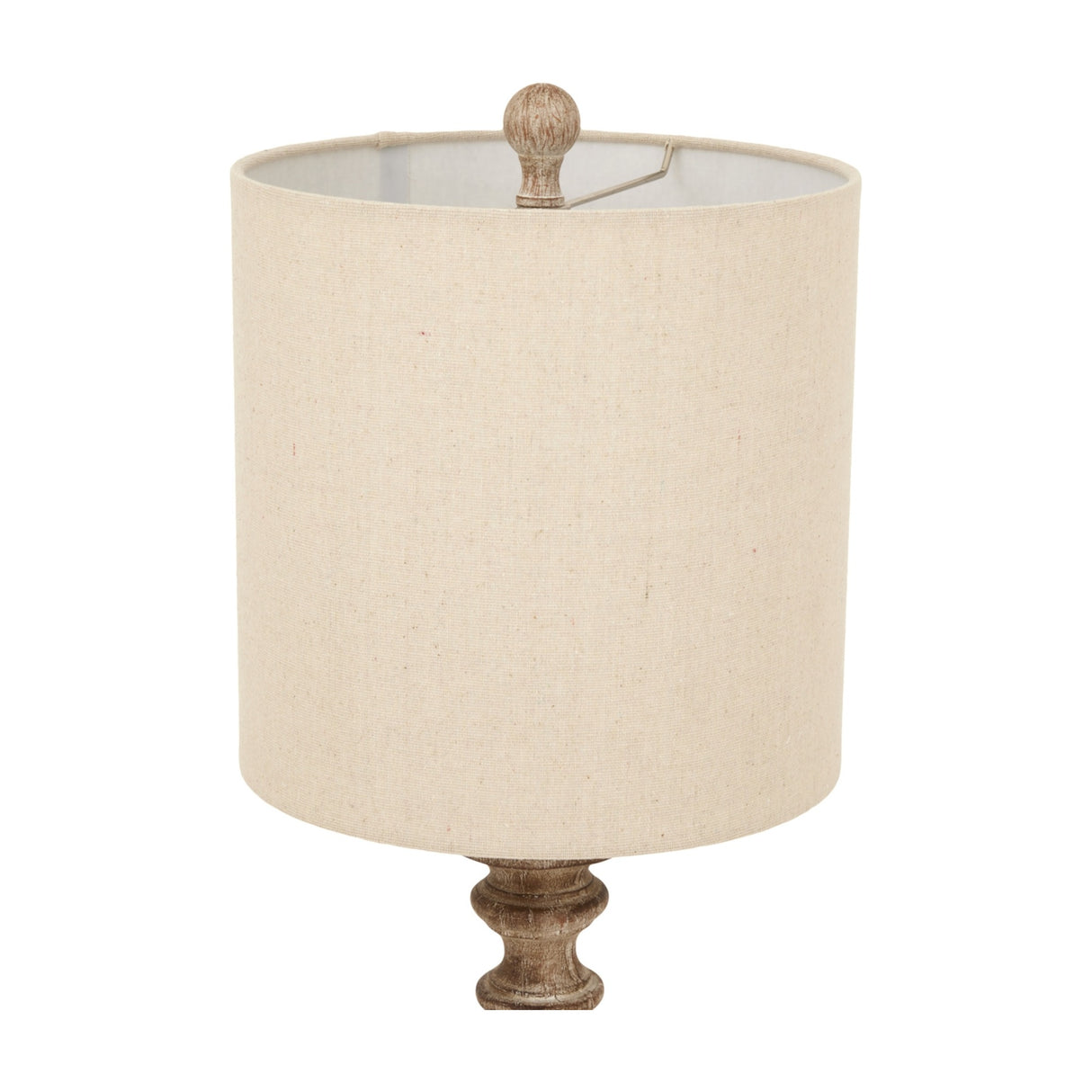 Hill Interiors candlestick table lamp with cylindrical natural linen shade and turned brown resin finial, shown close-up on a white background.