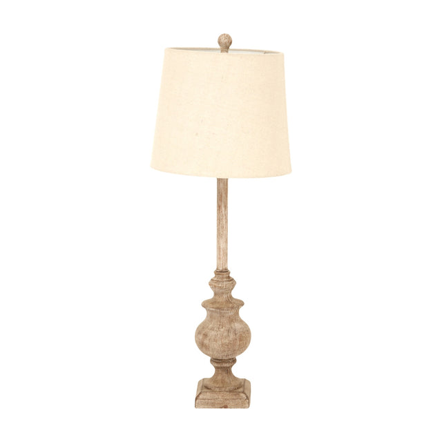 Hill Interiors candlestick table lamp with turned brown resin base and natural linen tapered shade, shown on a plain white background.