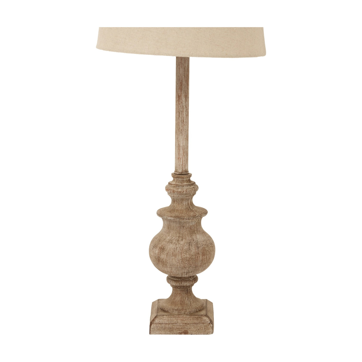 Hill Interiors Candlestick Table Lamp with turned brown resin base and natural linen shade, shown against a plain white background.