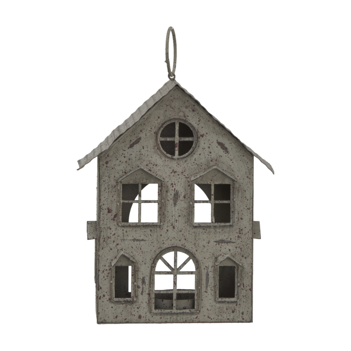Rustic Metal Hanging House Tealight Holder with Glass Votive – Brown