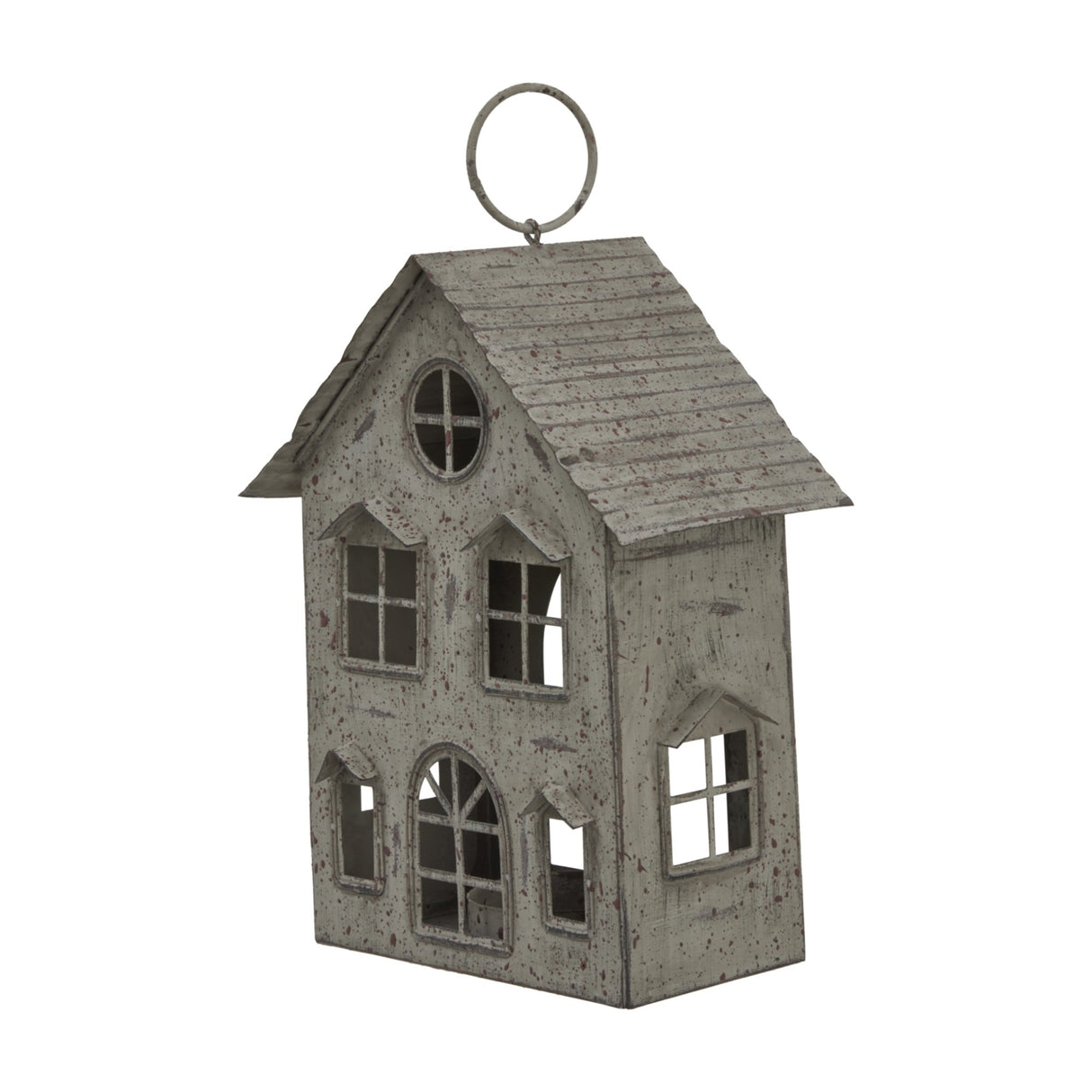 Rustic Metal Hanging House Tealight Holder with Glass Votive – Brown