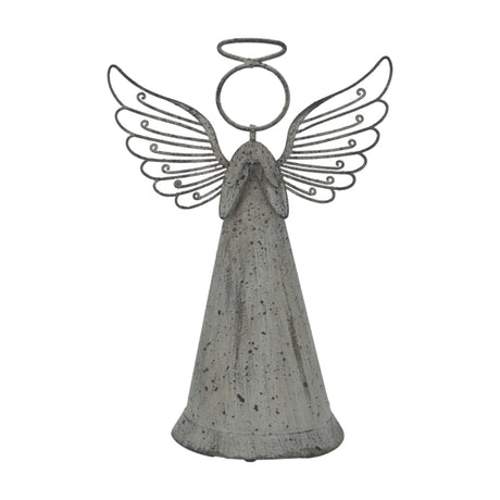Hill Interiors Rustic Standing Angel metal figure in worn brown finish, with cone-shaped robe, folded scrollwork wings and halo, on a plain white background.