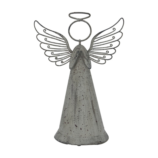 Hill Interiors Rustic Standing Angel metal figure in worn brown finish, with cone-shaped robe, folded scrollwork wings and halo, on a plain white background.