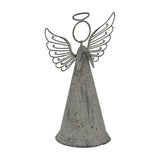 Hill Interiors rustic standing angel metal figure in weathered brown with folded wire wings and halo, cone-shaped body, shown on a plain white background.